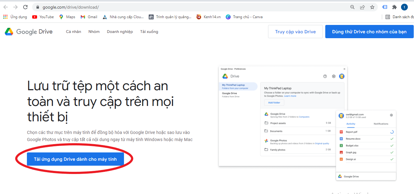 Cách tải Google Drive cho máy tính