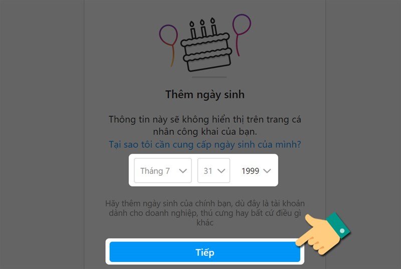 Chọn ngày tháng năm sinh để tạo tài khoản Instagram trên máy tính