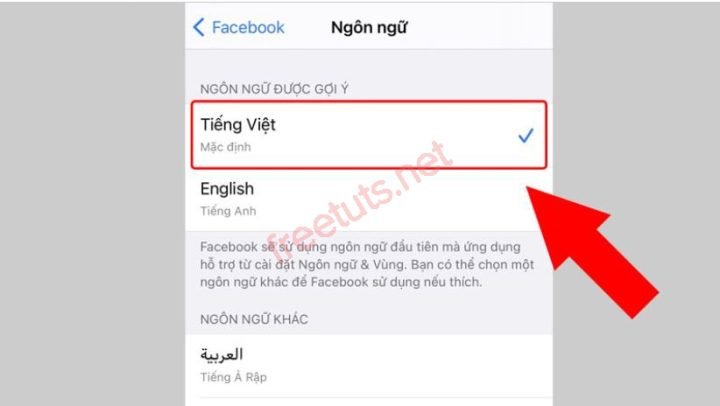Thay đổi ngôn ngữ Facebook trên iPhone: Chọn Tiếng Việt