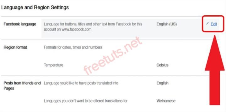Cách thay đổi ngôn ngữ Facebook trên máy tính: Nhấn Edit để chỉnh sửa