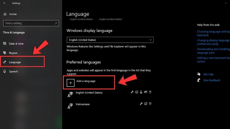 Nháº¥p vào nút Add a language