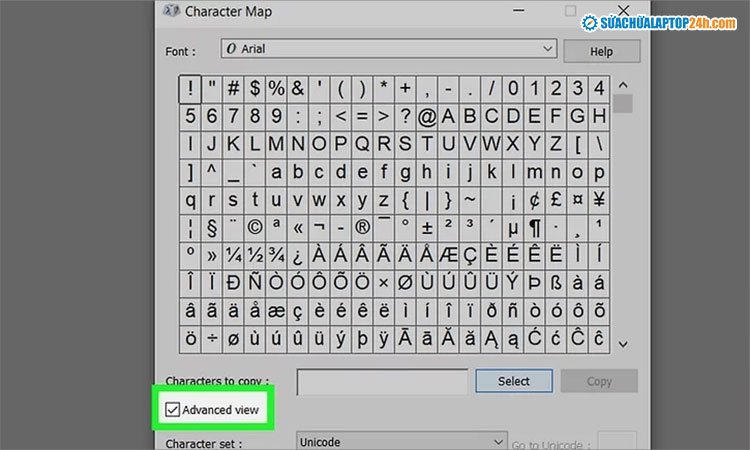 Tích chọn tại mục Advanced view trong Character Map để mở rộng tùy chọn tìm kiếm