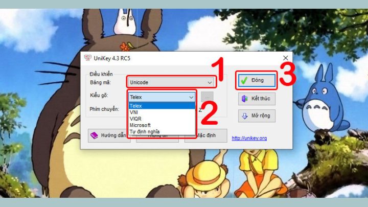 Cửa sổ điều khiển Unikey thiết lập bảng mã và kiểu gõ