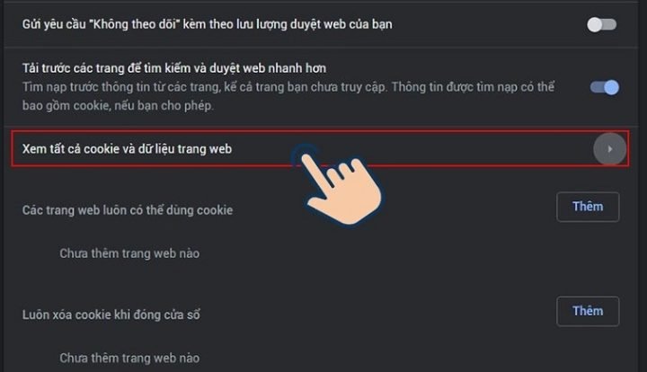 Truy cập 'Xem tất cả cookie và dữ liệu trang web' để hiển thị danh sách cookie đã lưu