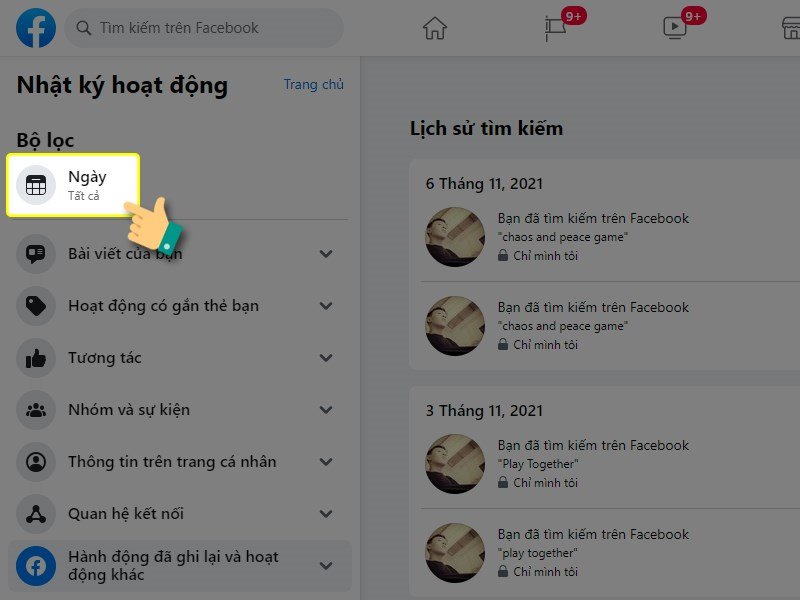 Bộ lọc chọn ngày để quản lý lịch sử tìm kiếm Facebook