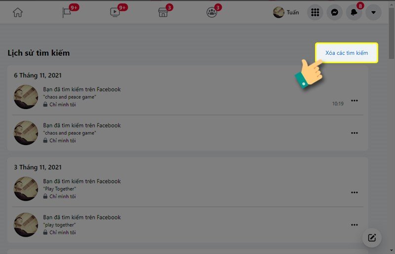 Nút xóa lịch sử tìm kiếm trên Facebook máy tính