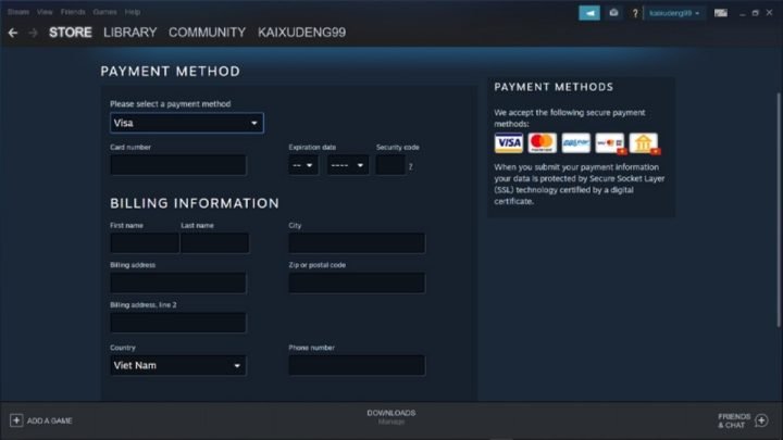 Tiến hành thanh toán đơn hàng trên Steam để mua game