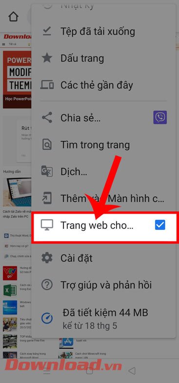 Mở lại menu ba dấu chấm để chuyển về chế độ di động trên Chrome Android