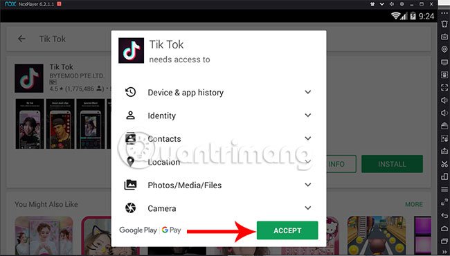 Bấm vào Accept để đồng ý quyền truy cập khi sử dụng TikTok trên máy tính