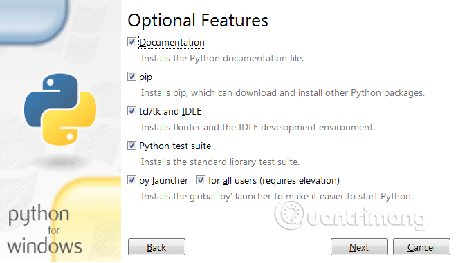 Chọn các tính năng cài đặt Python