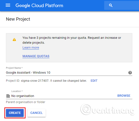 Đặt tên và tạo dự án Google Cloud mới