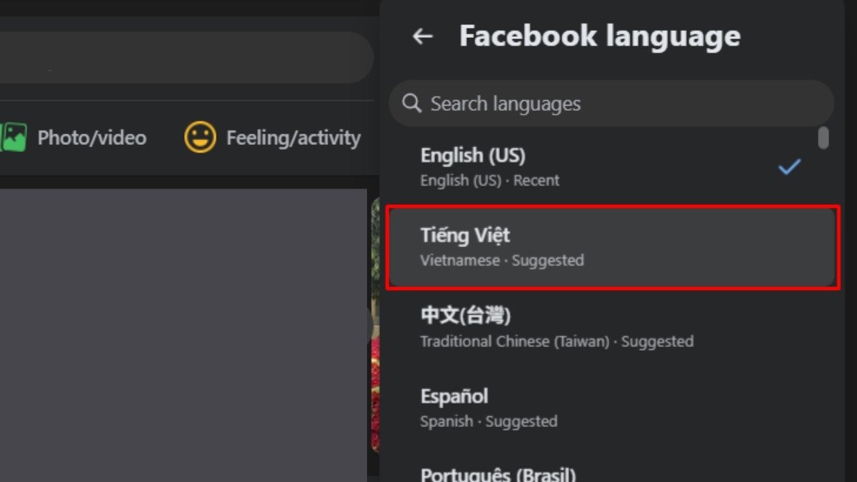 Cài đặt Facebook trên máy tính: Chọn Tiếng Việt