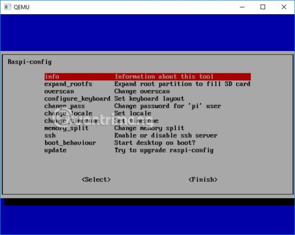 Giao diện cấu hình raspi-config trên Raspberry Pi ảo hóa trong QEMU