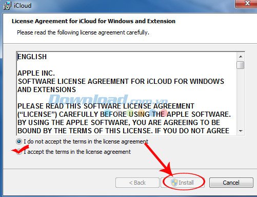 Chấp nhận điều khoản và bắt đầu cài đặt iCloud trên máy tính