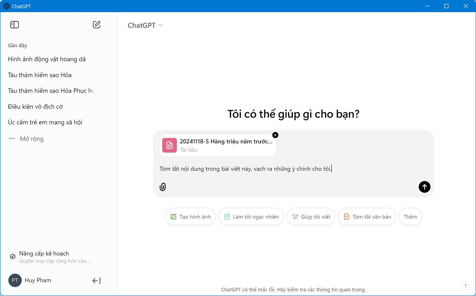 Giao diện chính của ChatGPT sau khi cài đặt trên máy tính