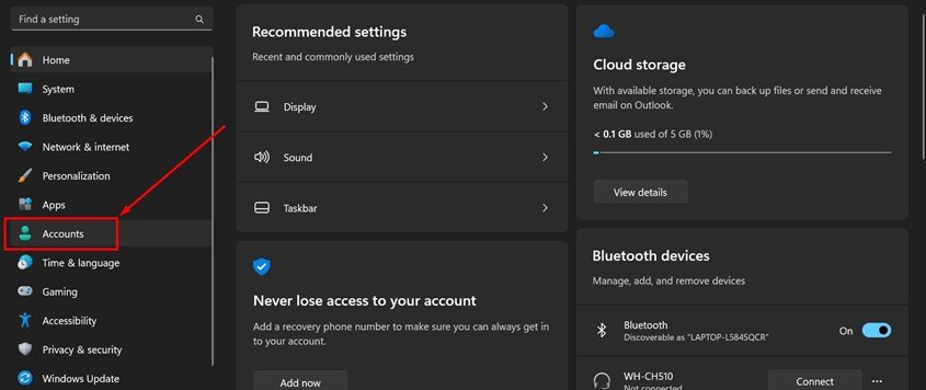 Chọn Accounts trong màn hình Settings
