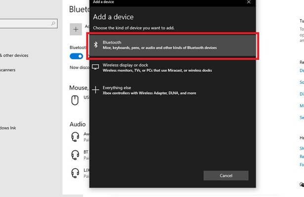 Chọn loại thiết bị Bluetooth để tìm bàn phím cần kết nối