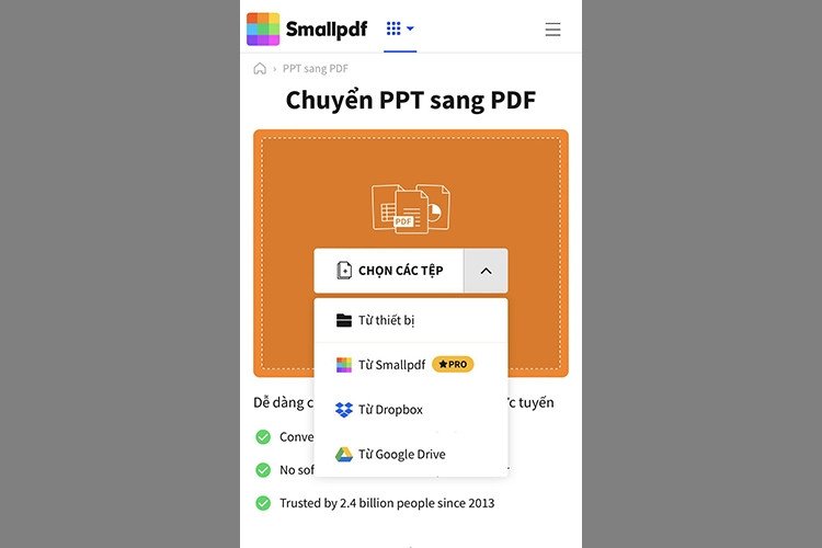 Chọn các tệp để tải lên Smallpdf từ điện thoại