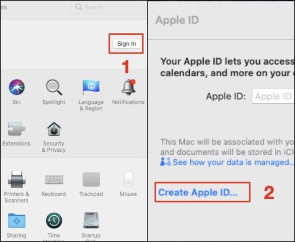 Chọn Create Apple ID để tạo tài khoản ID trên máy tính MacBook