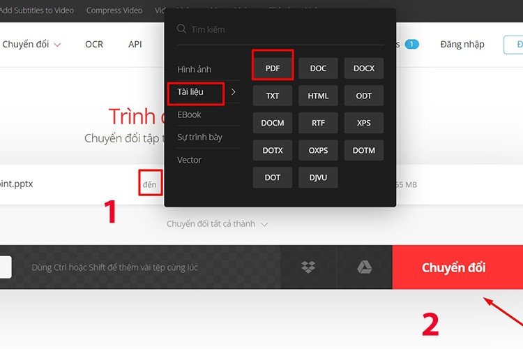 Chọn định dạng đầu ra là PDF và nhấn Chuyển trên Convertio.co