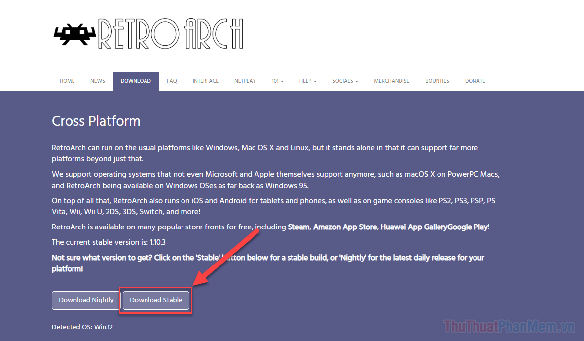 Chọn Download Stable để tải RetroArch cho máy tính chơi game