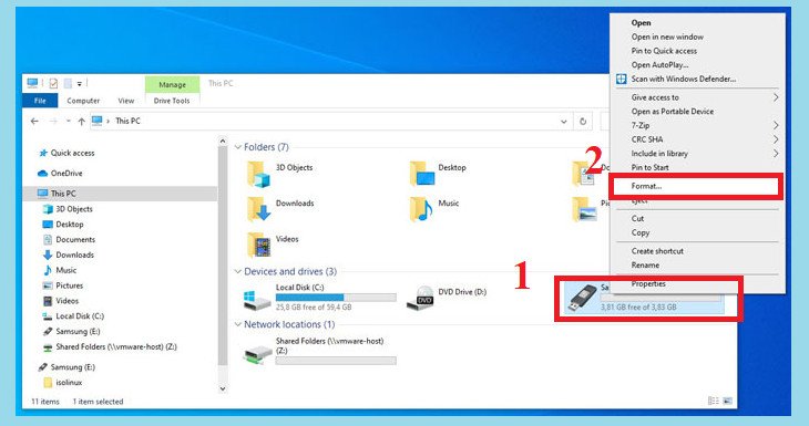 Chọn Format từ menu để thực hiện cách format USB trên máy tính