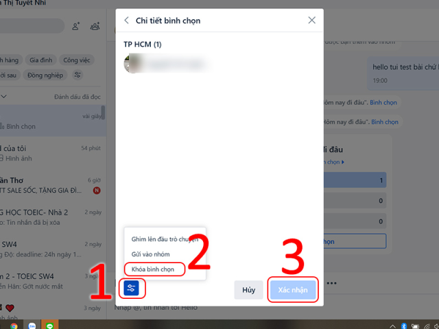 Thao tác khóa bình chọn Zalo máy tính