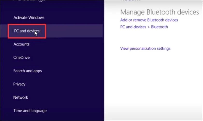 Chọn PC and devices trong cài đặt Bluetooth trên Windows 8