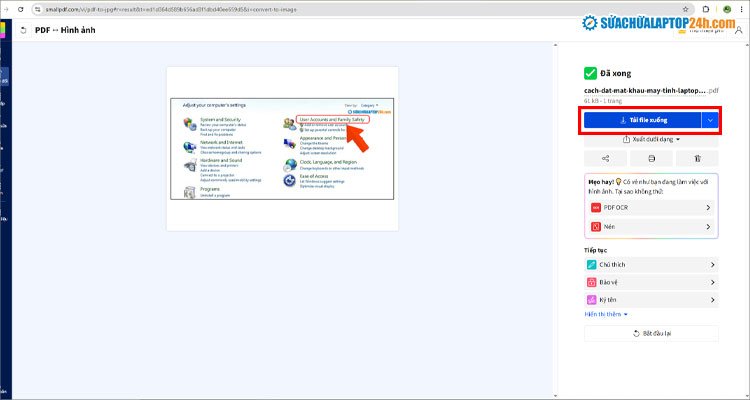 Các tùy chọn tải file PDF đã chuyển đổi từ hình ảnh xuống máy tính thông qua Smallpdf