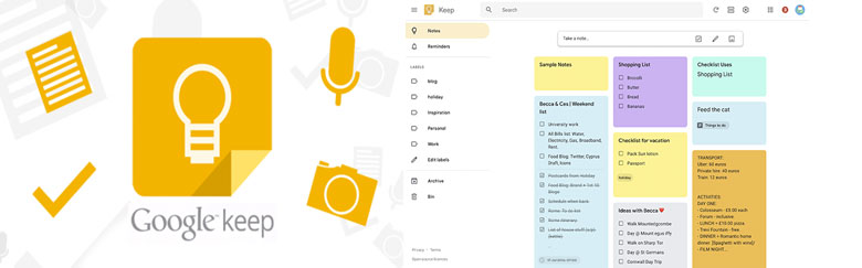 Google Keep ứng dụng ghi chú trên máy tính với giao diện các thẻ ghi chú nhiều màu sắc.