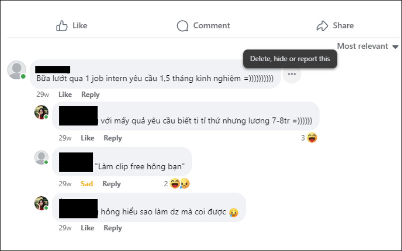 Di chuyển chuột đến dấu ba chấm cạnh bình luận Facebook trên máy tính