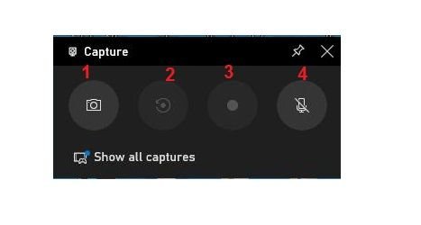 Các nút chức năng chính trong công cụ Capture của Xbox Game Bar để quay màn hình