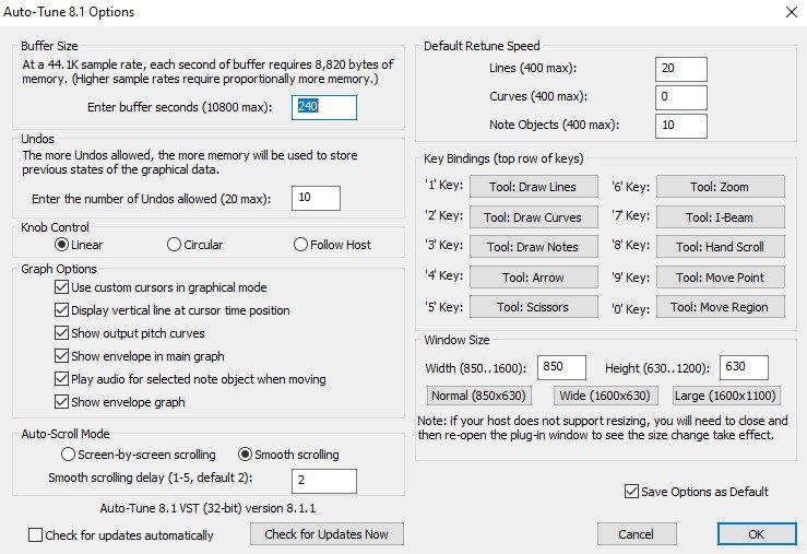 Cửa sổ Options trong Graphic Mode của Auto-Tune