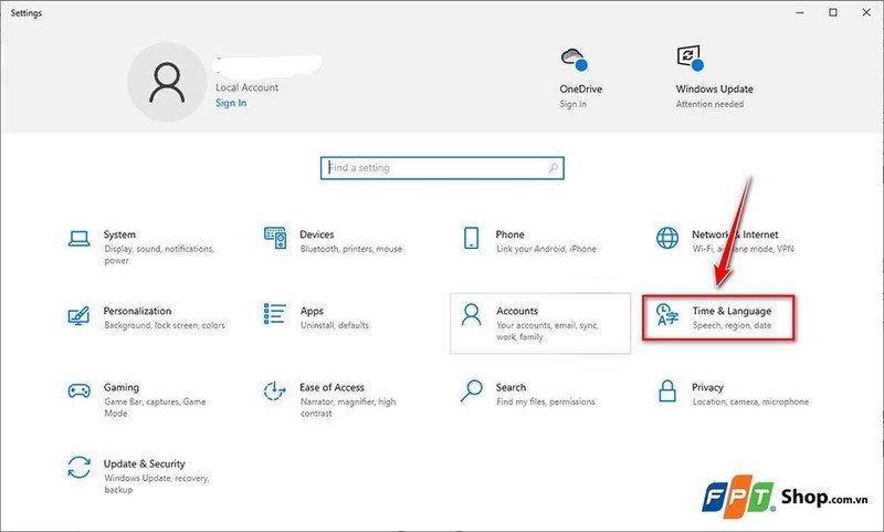 Cửa sổ Settings của Windows với mục Time &amp; Language được chọn