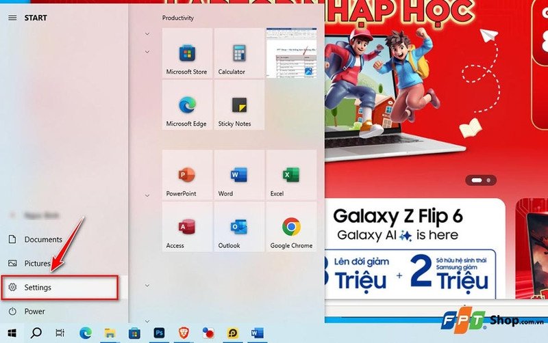 Cửa sổ Start Menu của Windows với biểu tượng Settings được khoanh tròn