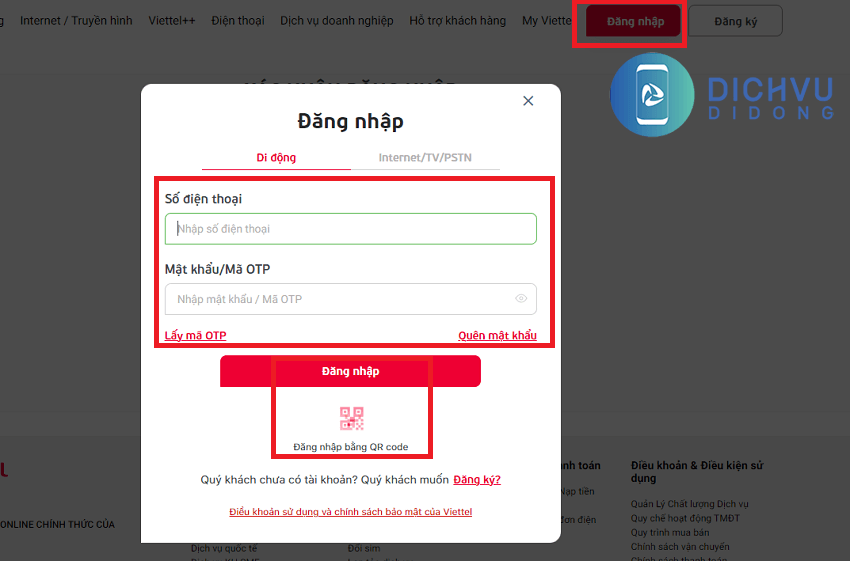 Giao diện đăng nhập My Viettel bằng số điện thoại và mật khẩu trên máy tính