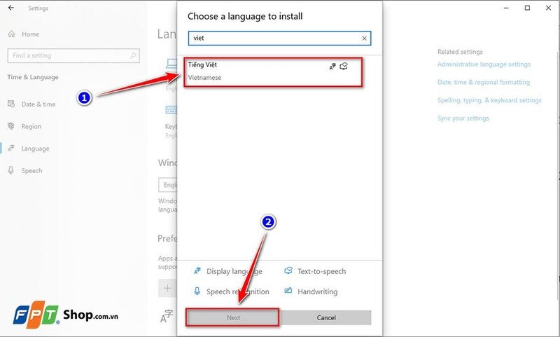 Danh sách các ngôn ngữ có sẵn, với Tiếng Việt được chọn