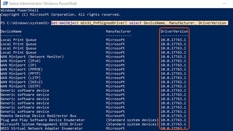 Danh sách chi tiết driver và phiên bản hiển thị trong PowerShell