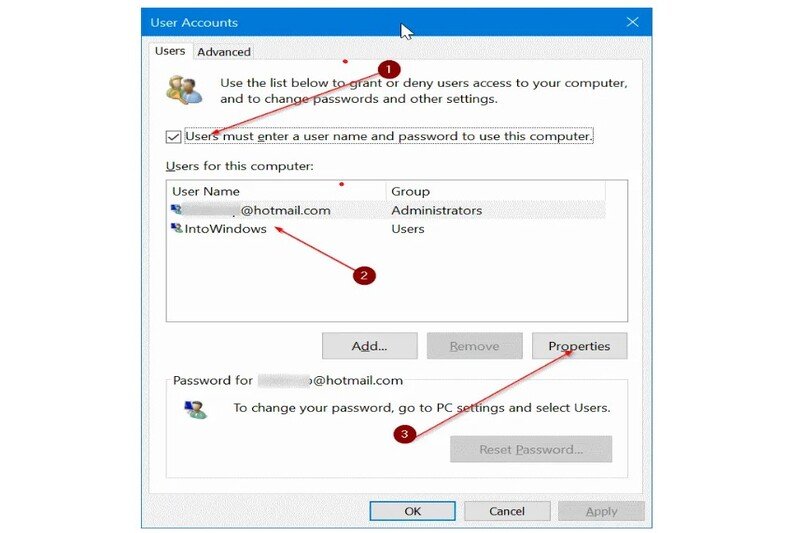 cách đổi khóa màn hình máy tính - Chọn tài khoản và Properties