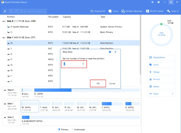 Thiết lập thời gian xóa phân vùng trong EaseUS Partition Master để dọn thùng rác Win 10