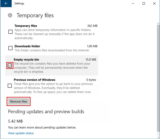 cách dọn sạch thùng rác trên máy tính - Chọn hộp kiểm Empty recycle bin và sau đó chọn nút Remove files.