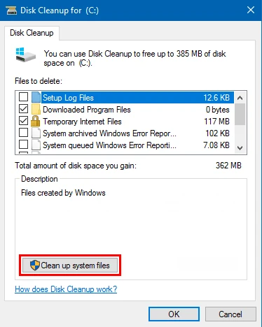 Chọn Clean up system files trong Disk Cleanup để tối ưu thùng rác Win 10