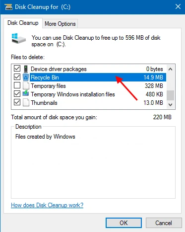 Dọn dẹp thùng rác máy tính Win 10 qua mục Recycle Bin trong Disk Cleanup