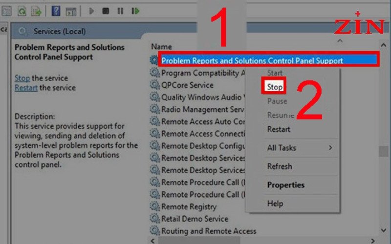 Dừng dịch vụ Problem Reports and Solution Control Panel Support