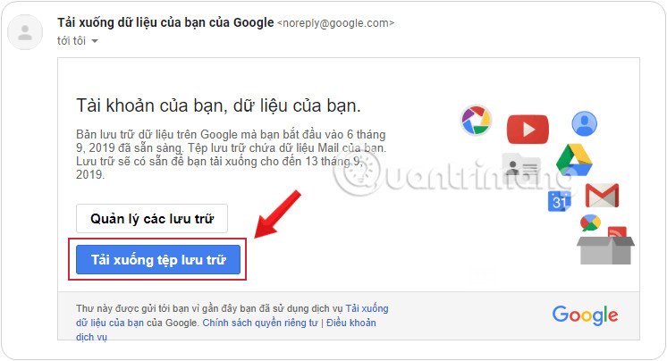 Email thông báo hoàn thành tạo tệp lưu trữ