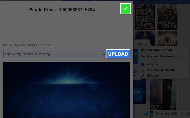 Tải ảnh nền và hoàn tất cài đặt màu sắc cho Facebook Messenger
