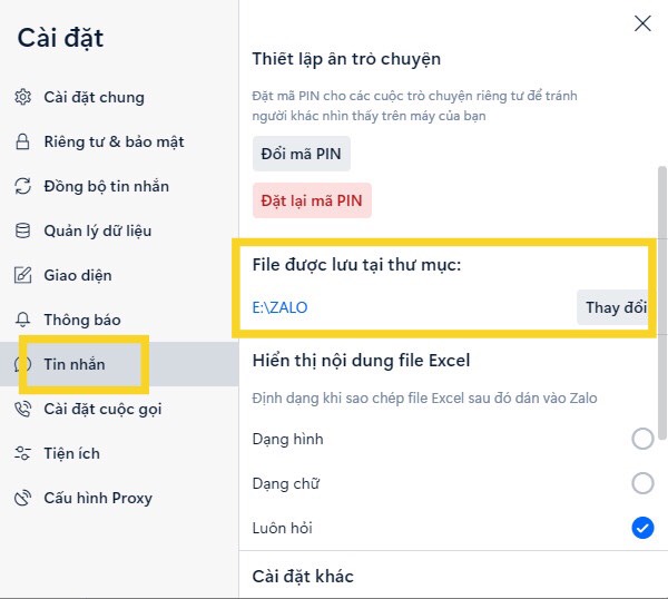 Thay đổi thư mục lưu trữ Zalo