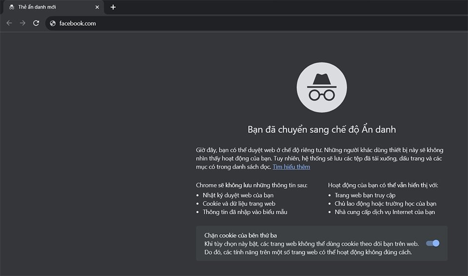 Đăng nhập Facebook trên máy tính bằng tab ẩn danh