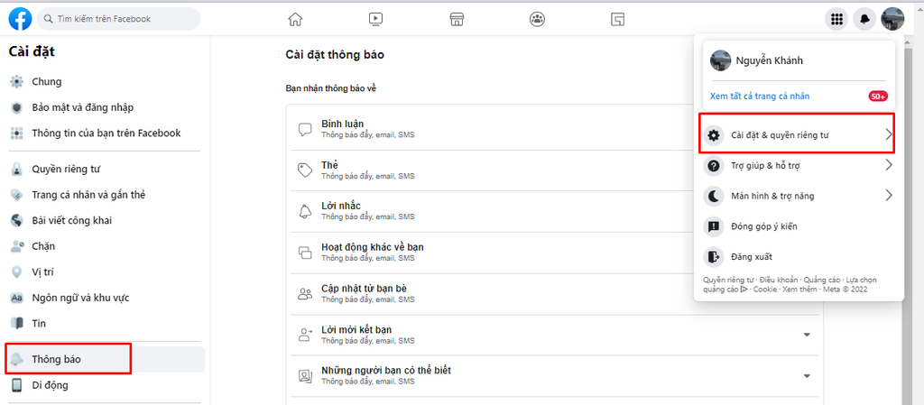 Cài đặt thông báo Facebook trên trình duyệt web