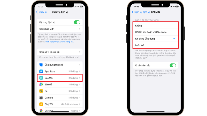 Tùy chọn cấp quyền truy cập vị trí cho từng ứng dụng trên iPhone: Không, Hỏi lần tiếp theo, Khi dùng ứng dụng, Luôn luôn.
